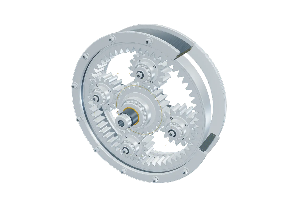 A sectioned planetary gearbox with four planet gears, an internal ring, visible bearings, carrier, and fasteners.