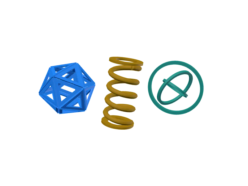 A blue faceted shell, ochre spring, and teal rings.