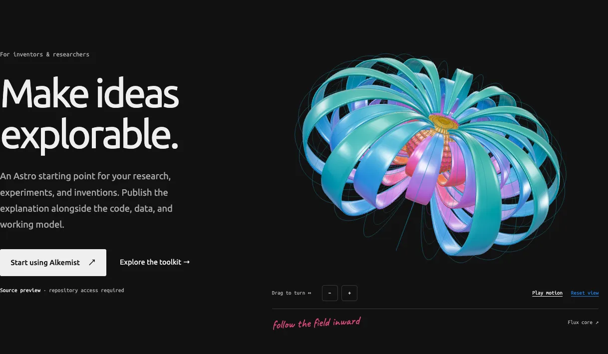 The Alkemist homepage pairs Make ideas explorable with a colorful live Flux core sculpture on a blackboard background.