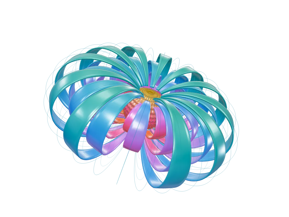 Thick cyan, cobalt, and violet field ribbons surround a warm ribbed center.
