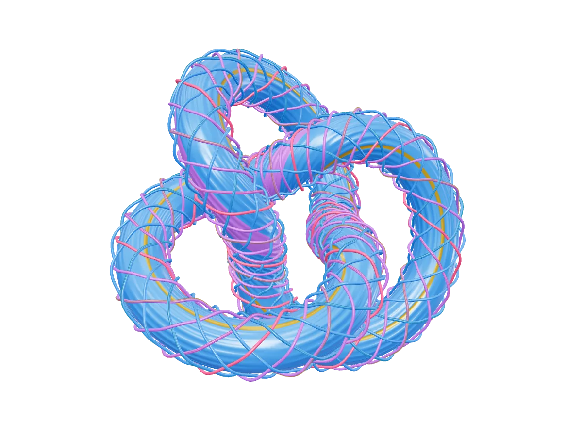 A thick blue and violet trefoil with smaller rose strands, cyan filaments, and warm inlays.