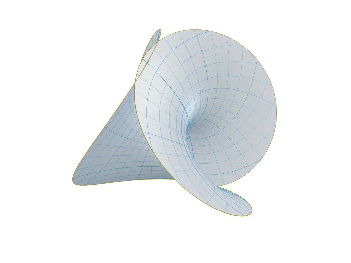 A folded silver Enneper surface with a fine blue coordinate net and ochre boundary.