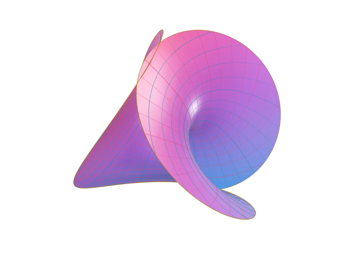 The Enneper surface shaded in blue, violet, and rose, with cyan coordinates and an ochre edge.