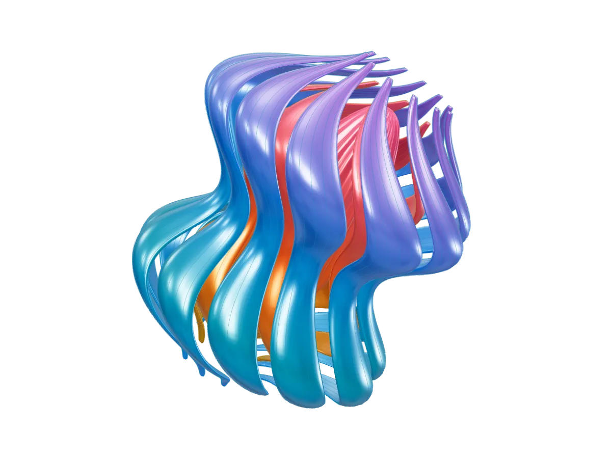 Sweeping blue and violet helical ribbons open around a copper and rose interior.
