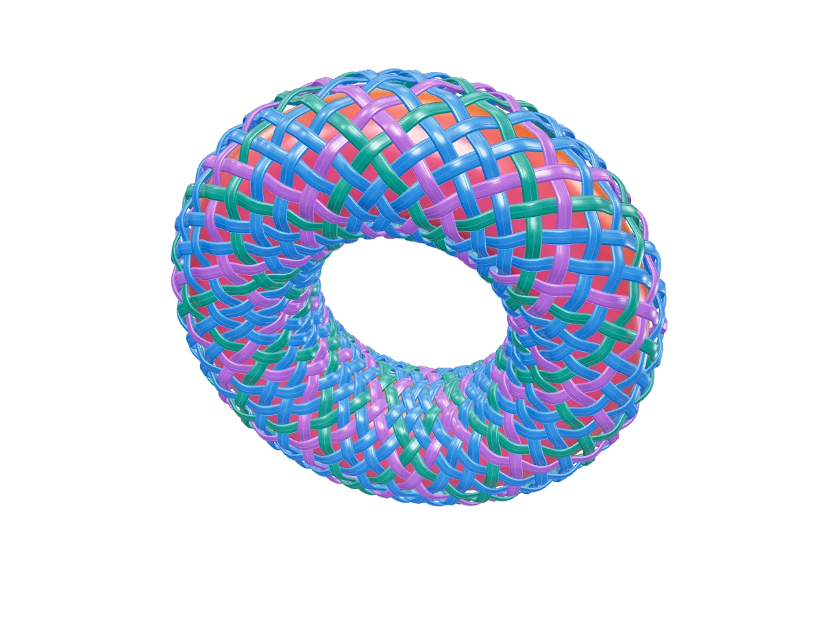 Dense multicolored strands wrap a warm toroidal body around an open center.