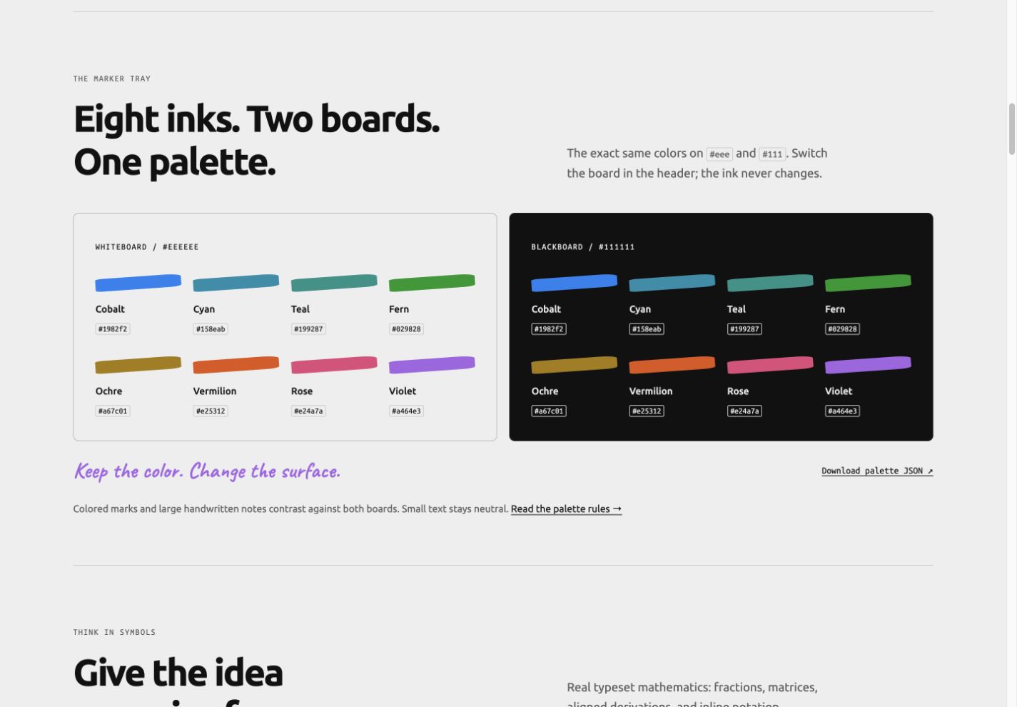The eight fixed inks displayed on both whiteboard and blackboard surfaces.
