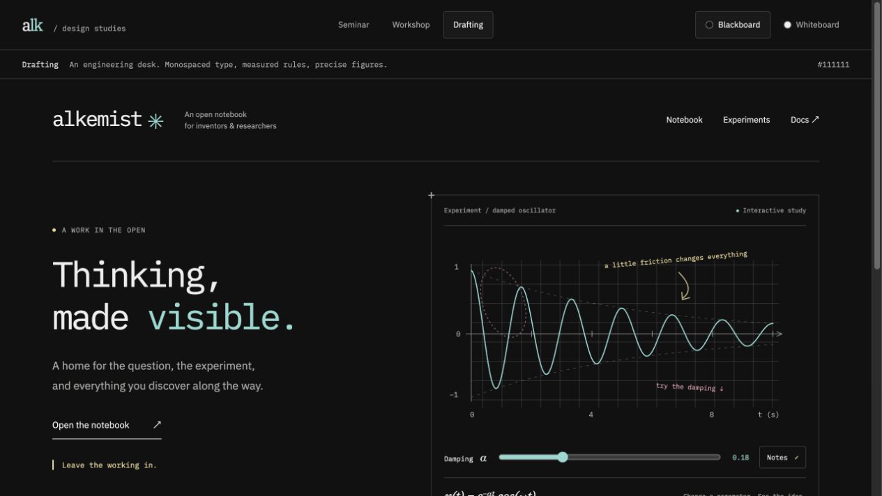 Drafting blackboard study with monospaced headings, a gridded oscillator, and aligned reference cells.